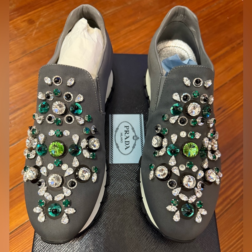 New In Box Authentic Prada Women's Gray Slip on Embellished Sneakers size 38